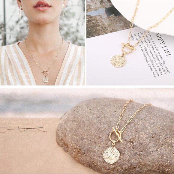 18K Gold Moon Star Lion Evil Eye Love Heart Pendant Necklace Medallion Paperclip - Picture 5 of 7